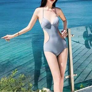 Sheqi Womens Halter One Piece Swimsuit Feature Metal Decoration Gray Sz M